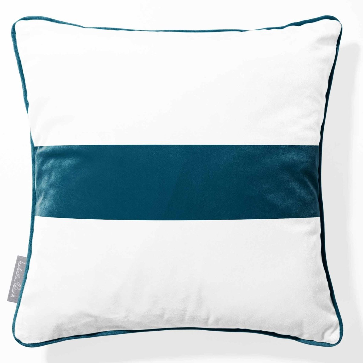 1 Stripe Horizontal | Sustainable Velvet Cushion with Piping - Teal 40 x 40 cm by Izabela Peters