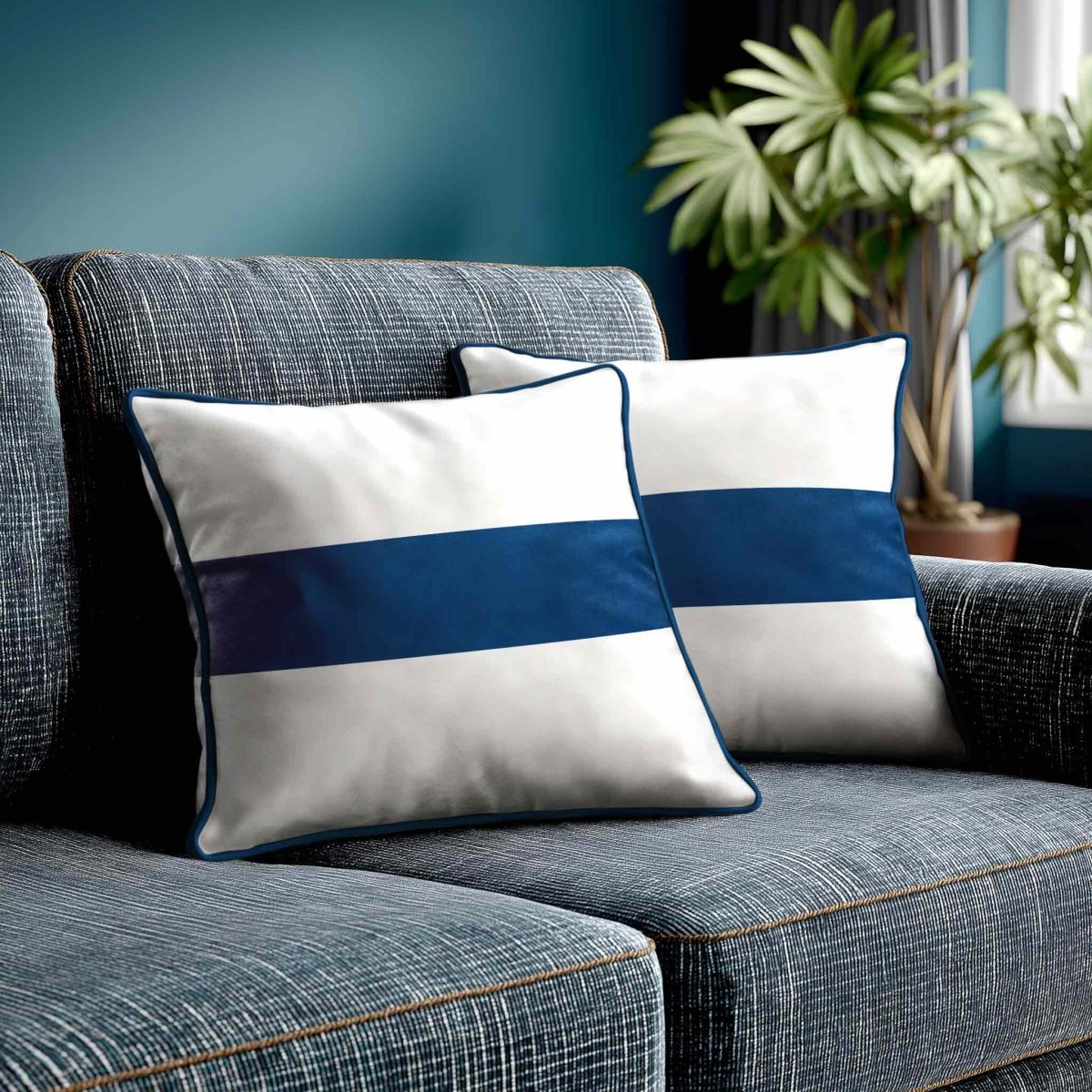 1 Stripe Horizontal | Sustainable Velvet Cushion with Piping - Estate Blue 40 x 40 cm by Izabela Peters