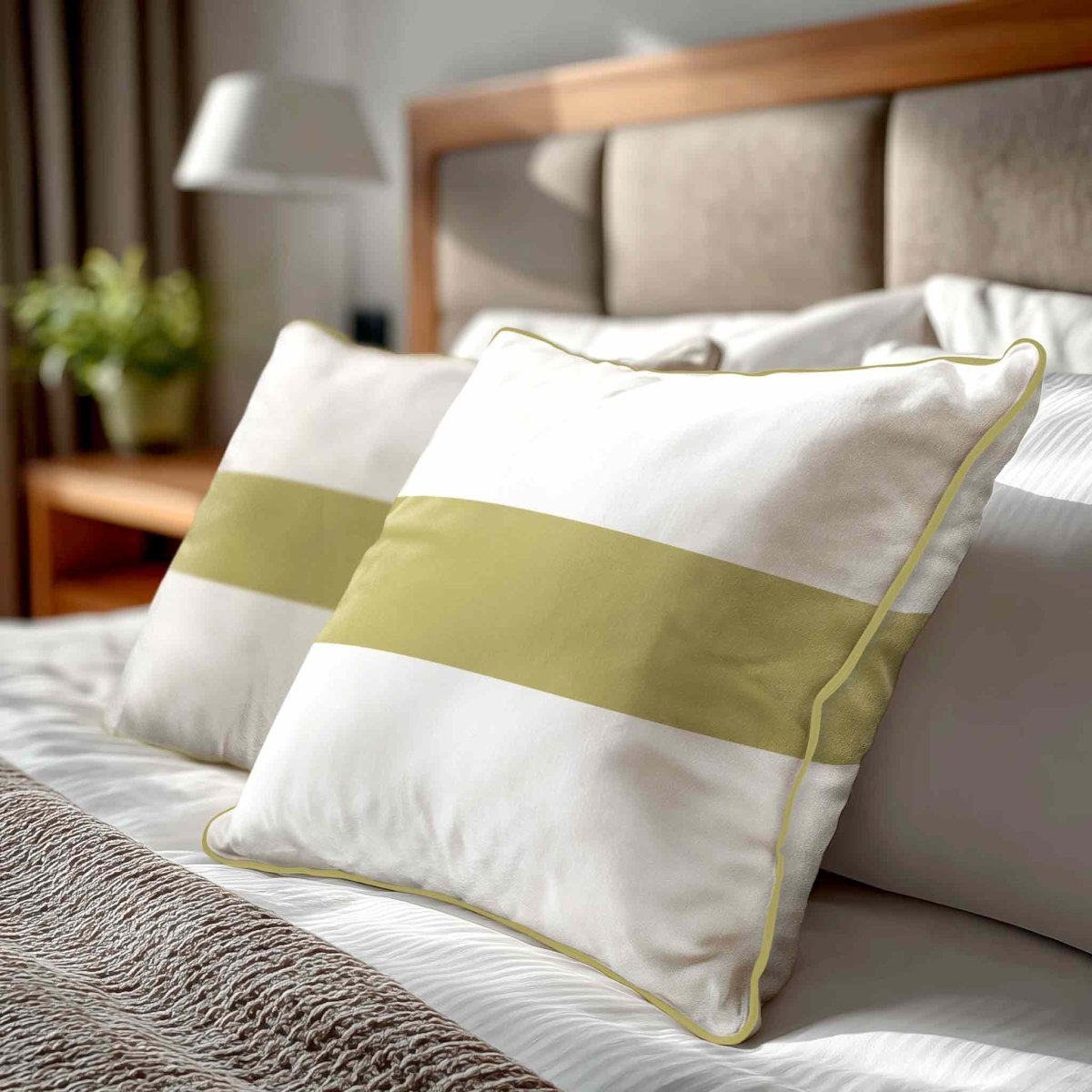 1 Stripe Horizontal | Sustainable Velvet Cushion with Piping - Golden Lime 40 x 40 cm by Izabela Peters