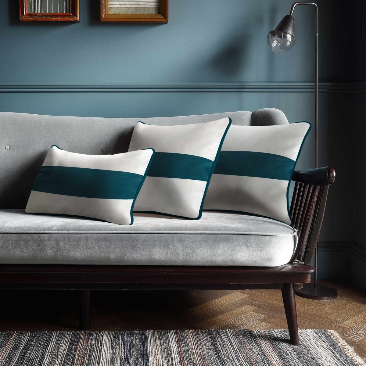 1 Stripe Horizontal | Sustainable Velvet Rectangle Cushion - Teal 50 x 30 cm by Izabela Peters