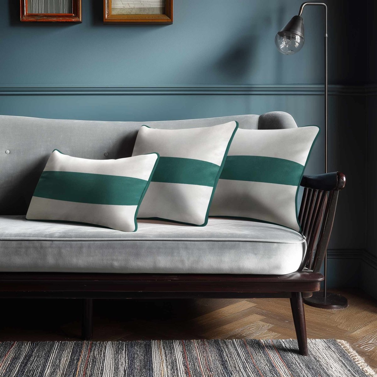 1 Stripe Horizontal | Sustainable Velvet Rectangle Cushion - Blue Surf 50 x 30 cm by Izabela Peters