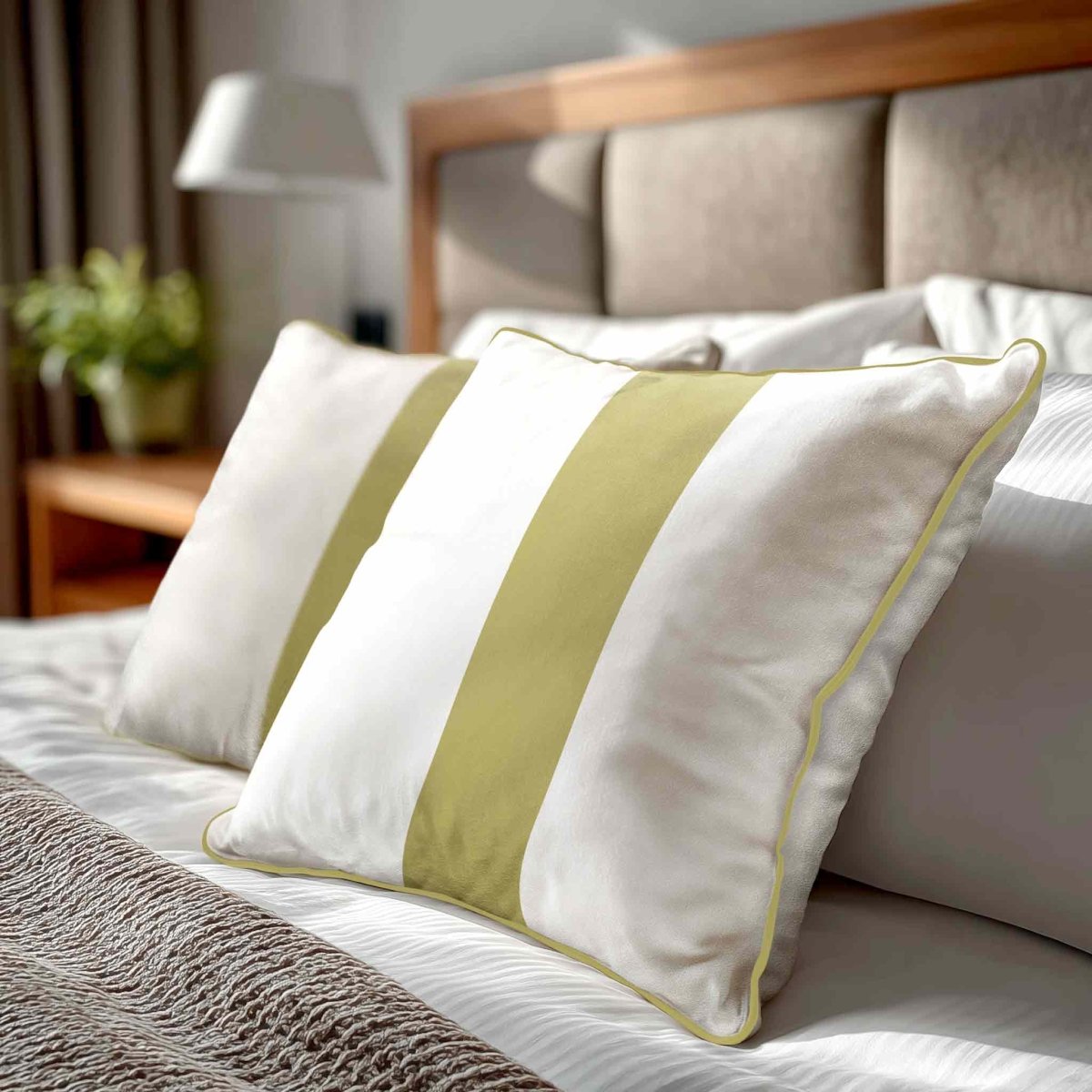 1 Stripe | Sustainable Velvet Cushion with Piping - Golden Lime 40 x 40 cm by Izabela Peters