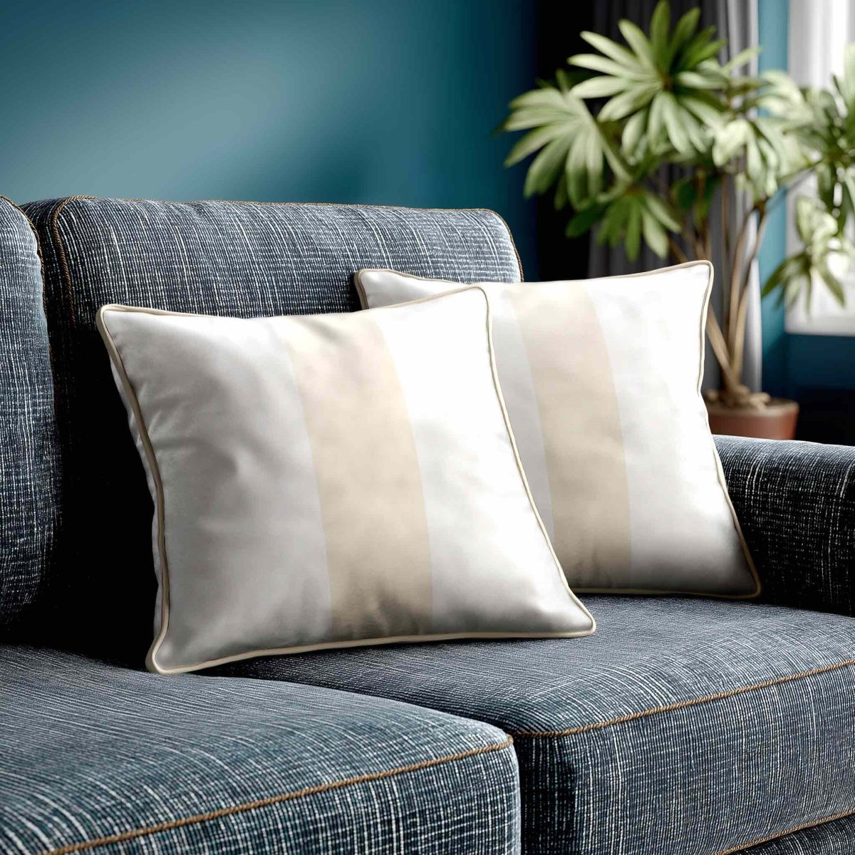 1 Stripe | Sustainable Velvet Cushion with Piping - Ivory Cream 40 x 40 cm by Izabela Peters