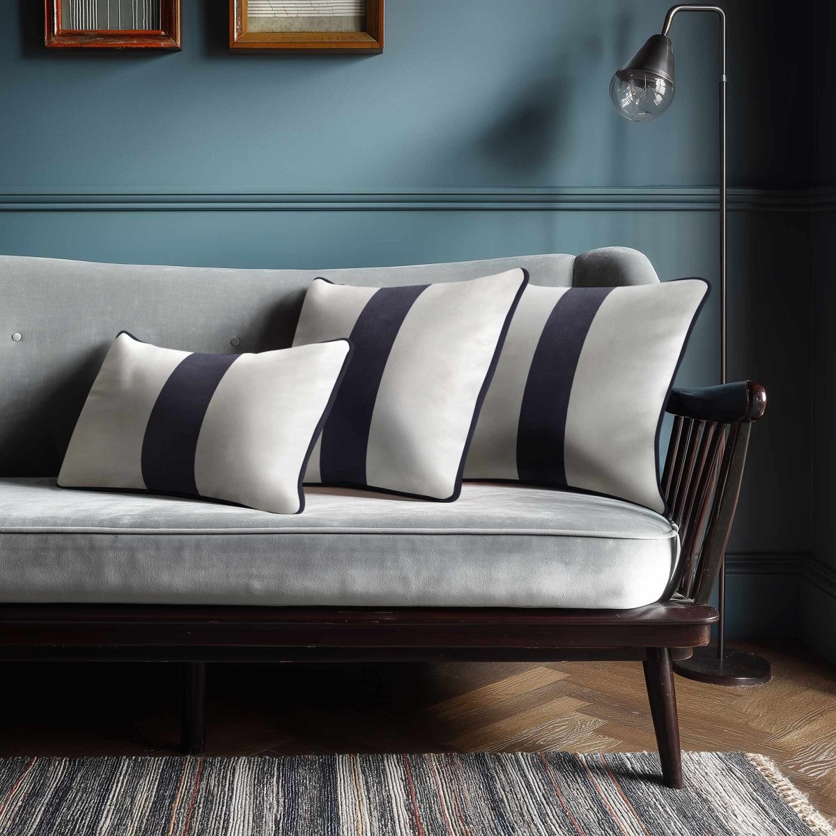 1 Stripe with Piping | Sustainable Velvet Rectangle Cushion - Graphite 50 x 30 cm by Izabela Peters