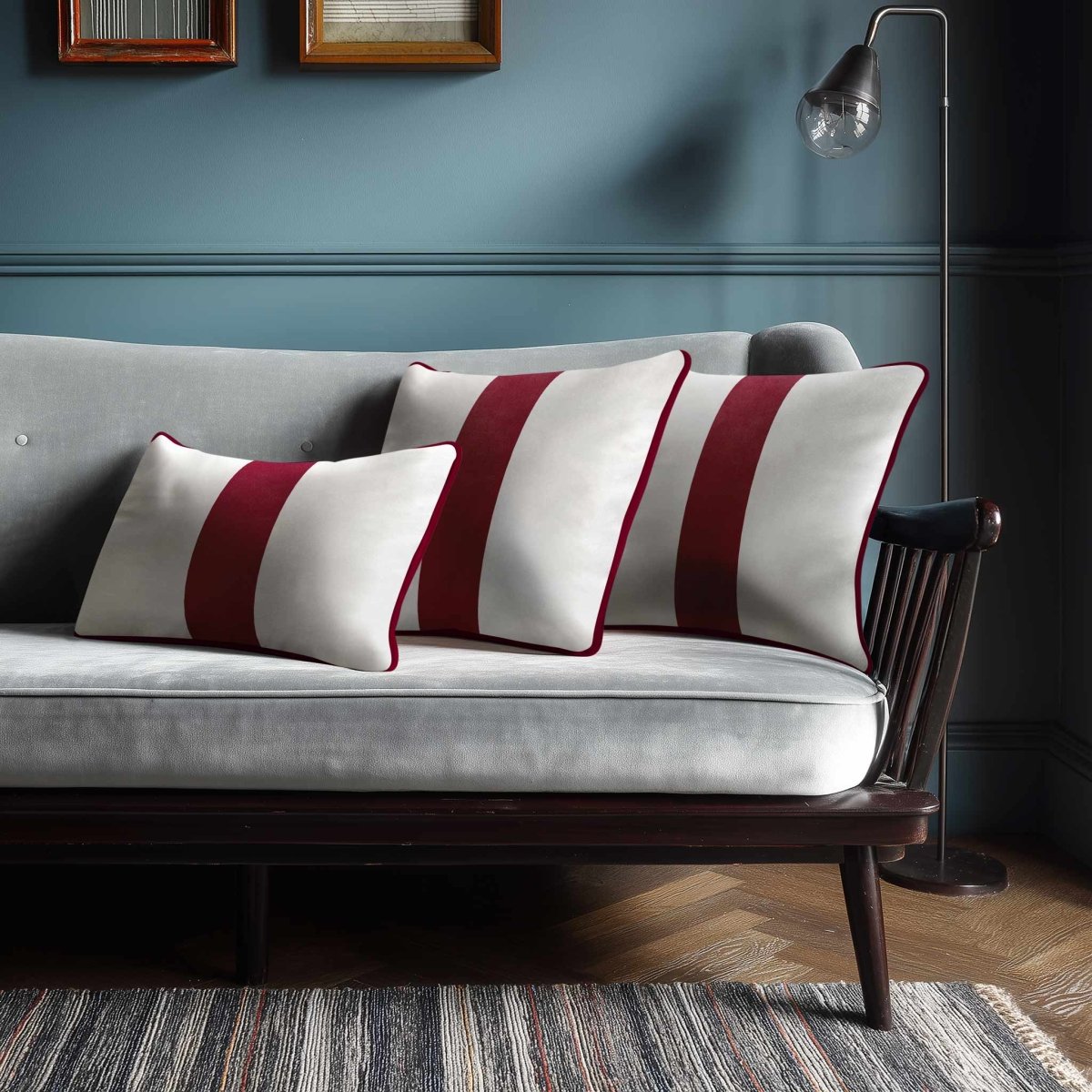 1 Stripe with Piping | Sustainable Velvet Rectangle Cushion - Raspberry Red 50 x 30 cm by Izabela Peters