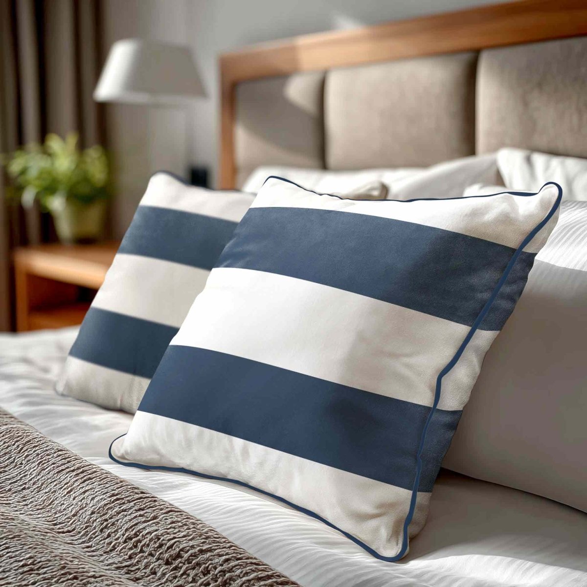 2 Stripes Horizontal | Sustainable Velvet Cushion with Piping - Petrol Blue 40 x 40 cm by Izabela Peters