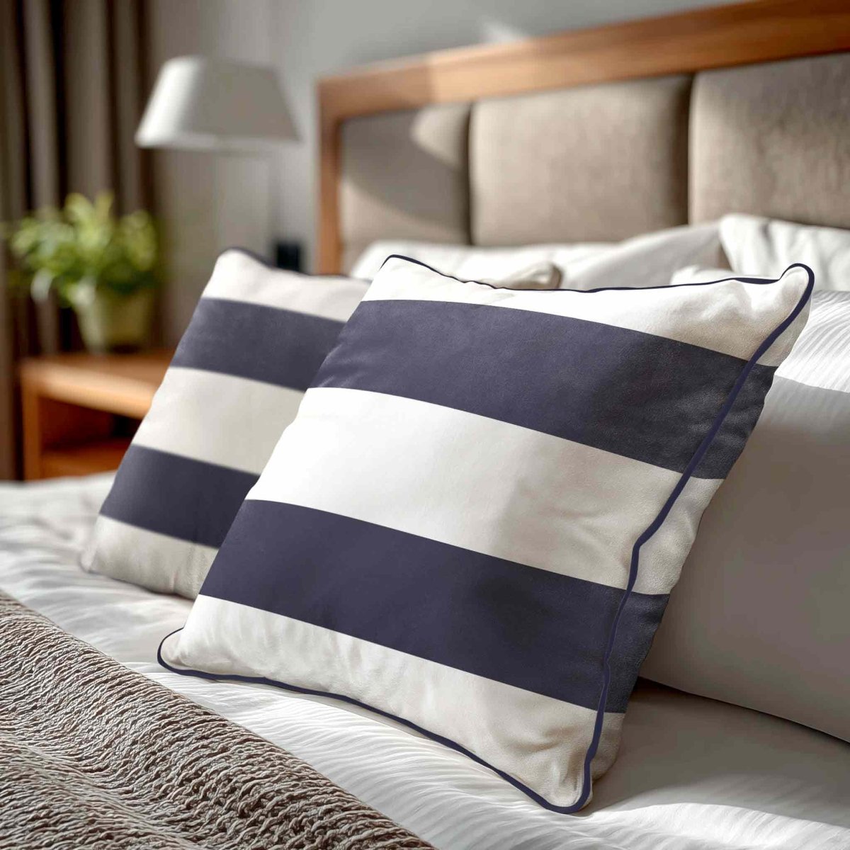2 Stripes Horizontal | Sustainable Velvet Cushion with Piping - Graphite 40 x 40 cm by Izabela Peters