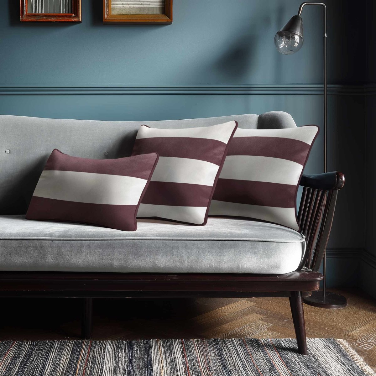 2 Stripes Horizontal with Piping | Sustainable Velvet Rectangle Cushion - Italian Grape 50 x 30 cm by Izabela Peters