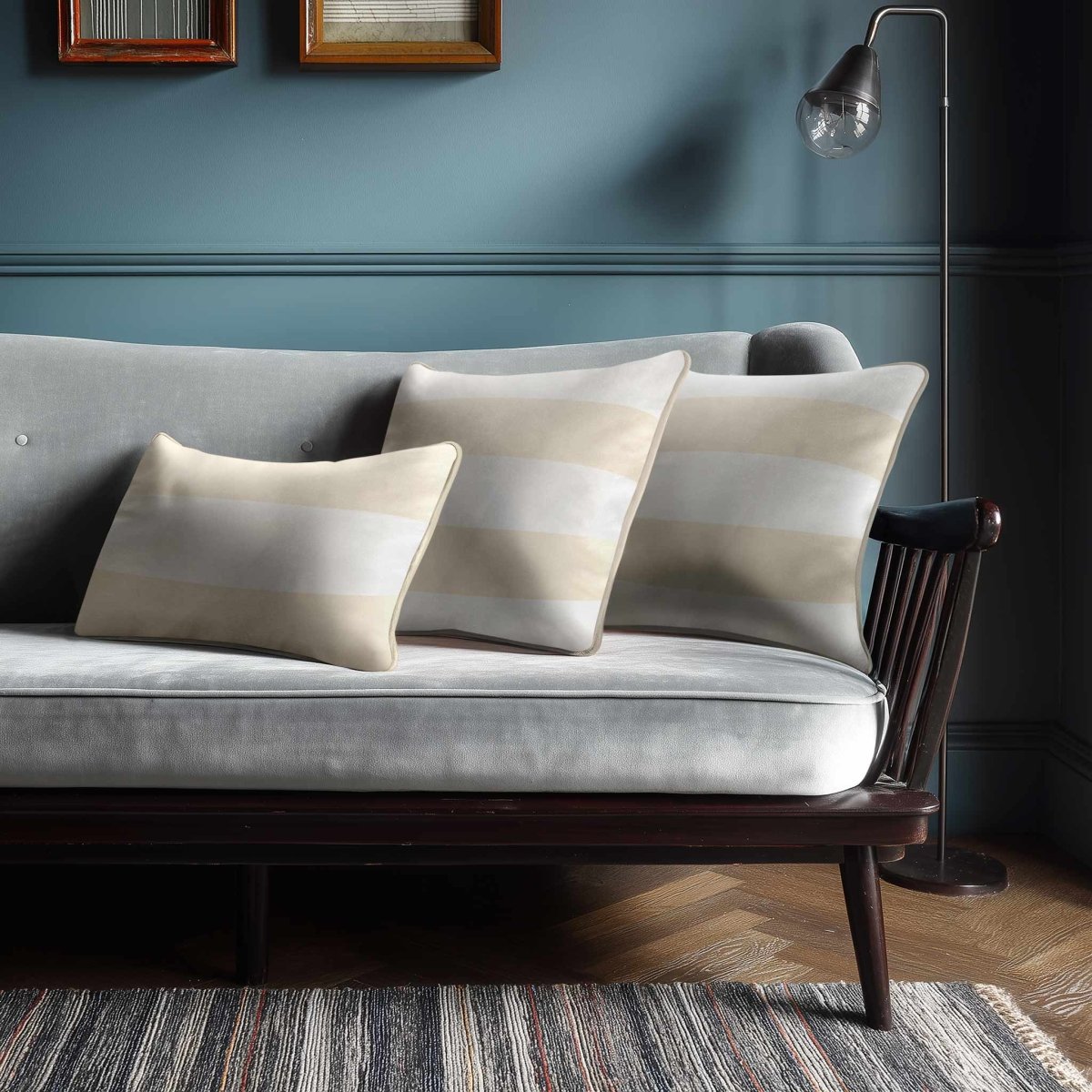 2 Stripes Horizontal with Piping | Sustainable Velvet Rectangle Cushion - Ivory Cream 50 x 30 cm by Izabela Peters