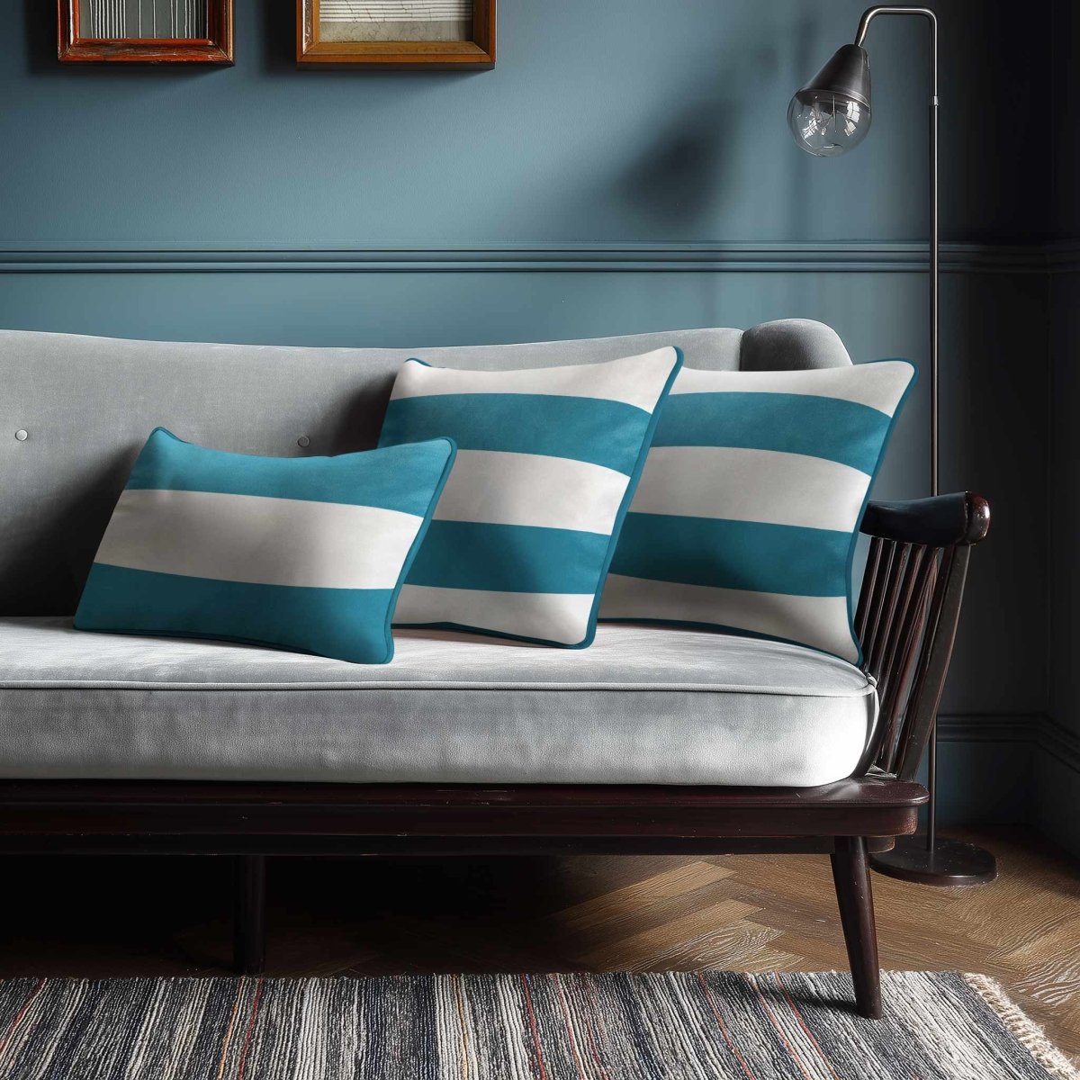 2 Stripes Horizontal with Piping | Sustainable Velvet Rectangle Cushion - Prussian Blue 50 x 30 cm by Izabela Peters