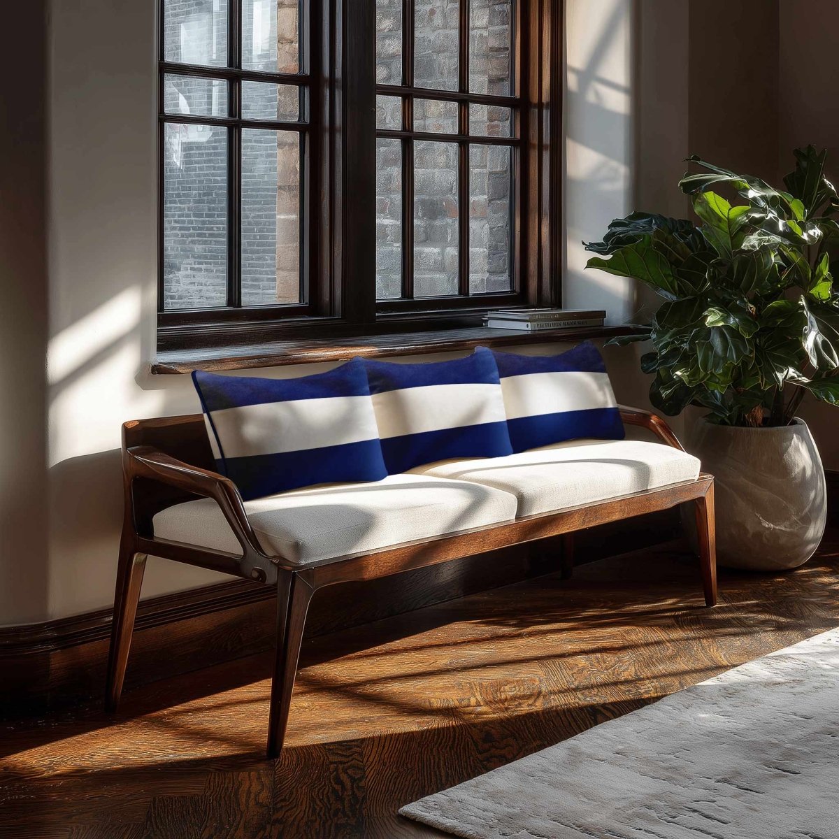2 Stripes Horizontal with Piping | Sustainable Velvet Rectangle Cushion - Midnight 50 x 30 cm by Izabela Peters