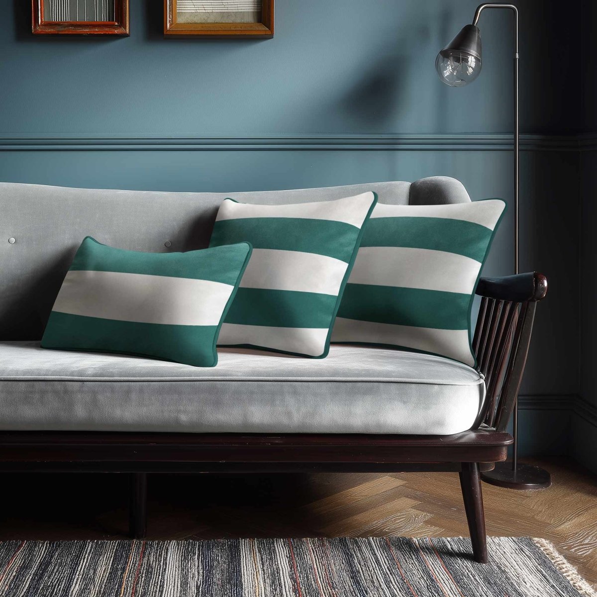 2 Stripes Horizontal with Piping | Sustainable Velvet Rectangle Cushion - Forest Biome 50 x 30 cm by Izabela Peters