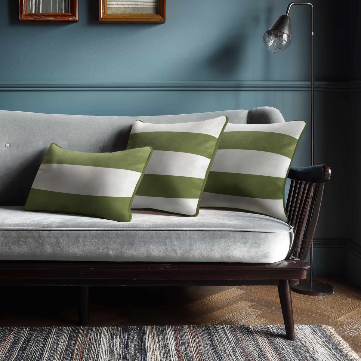 2 Stripes Horizontal with Piping | Sustainable Velvet Rectangle Cushion - Sage 50 x 30 cm by Izabela Peters