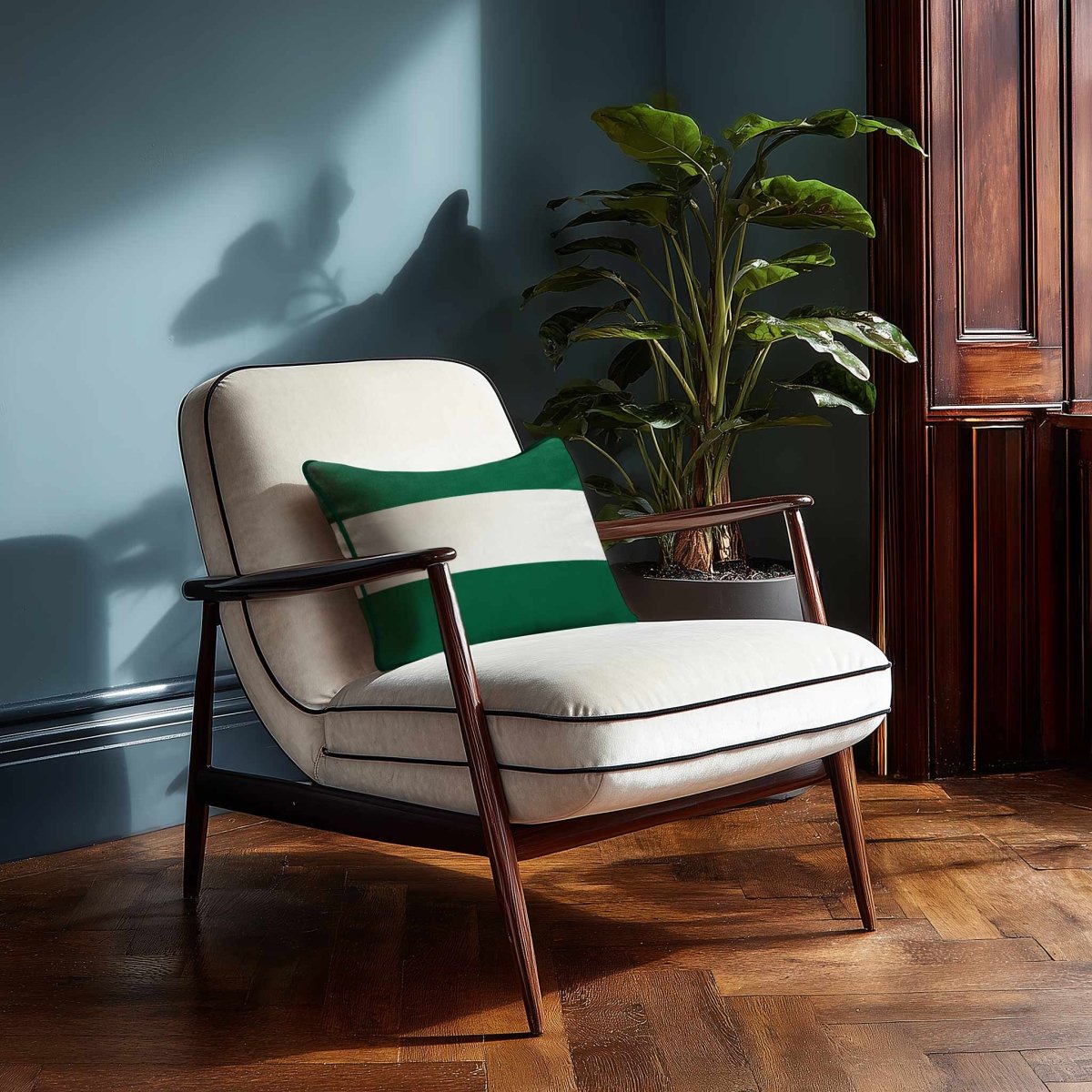 2 Stripes Horizontal with Piping | Sustainable Velvet Rectangle Cushion - Emerald Green 50 x 30 cm by Izabela Peters