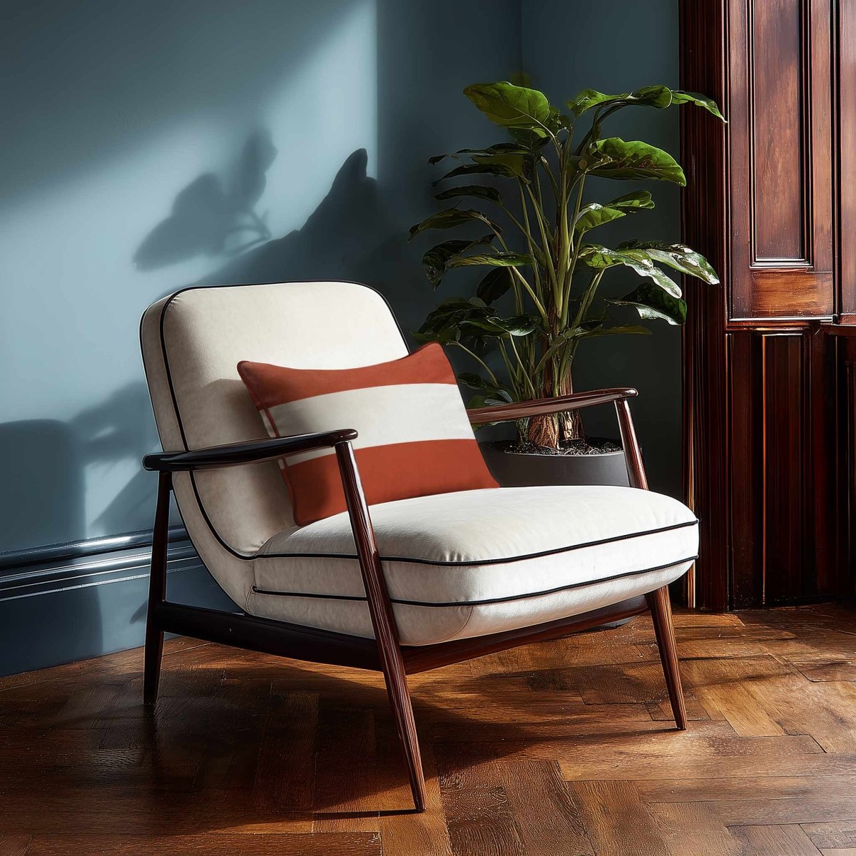 2 Stripes Horizontal with Piping | Sustainable Velvet Rectangle Cushion - Burnt Ochre 50 x 30 cm by Izabela Peters