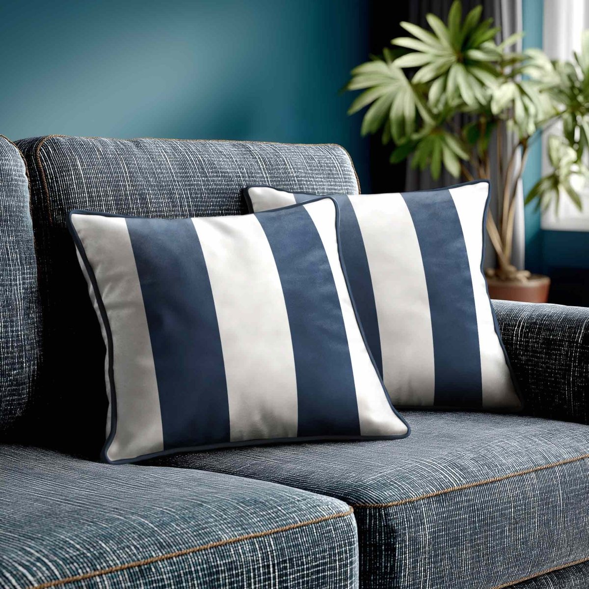 2 Stripes | Sustainable Velvet Cushion with Piping - Petrol Blue 40 x 40 cm by Izabela Peters