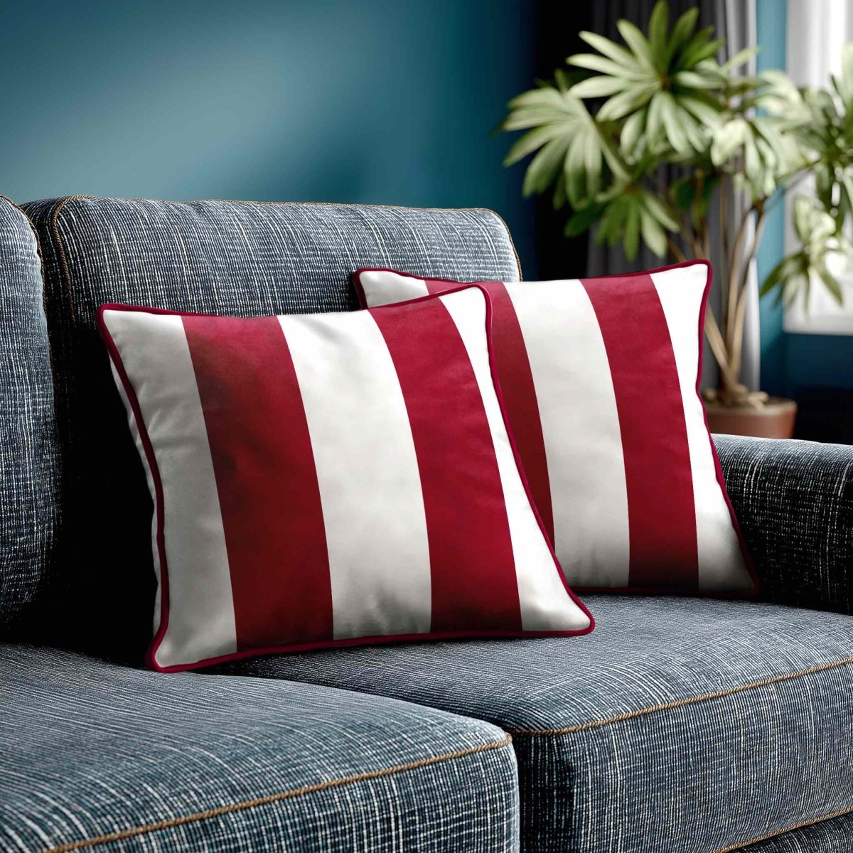 2 Stripes | Sustainable Velvet Cushion with Piping - Raspberry Red 40 x 40 cm by Izabela Peters