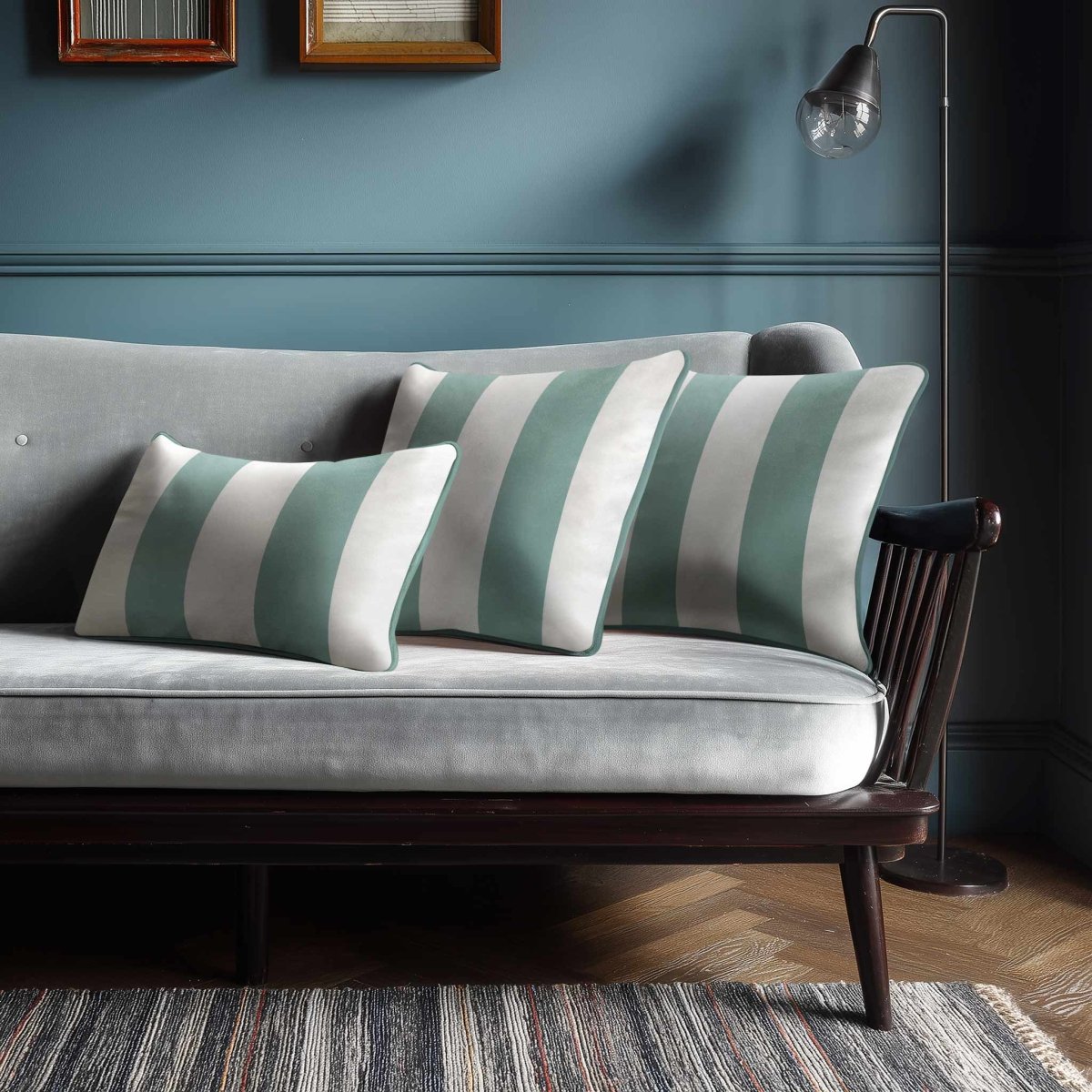 2 Stripes with Piping | Sustainable Velvet Rectangle Cushion - Blue Surf 50 x 30 cm by Izabela Peters