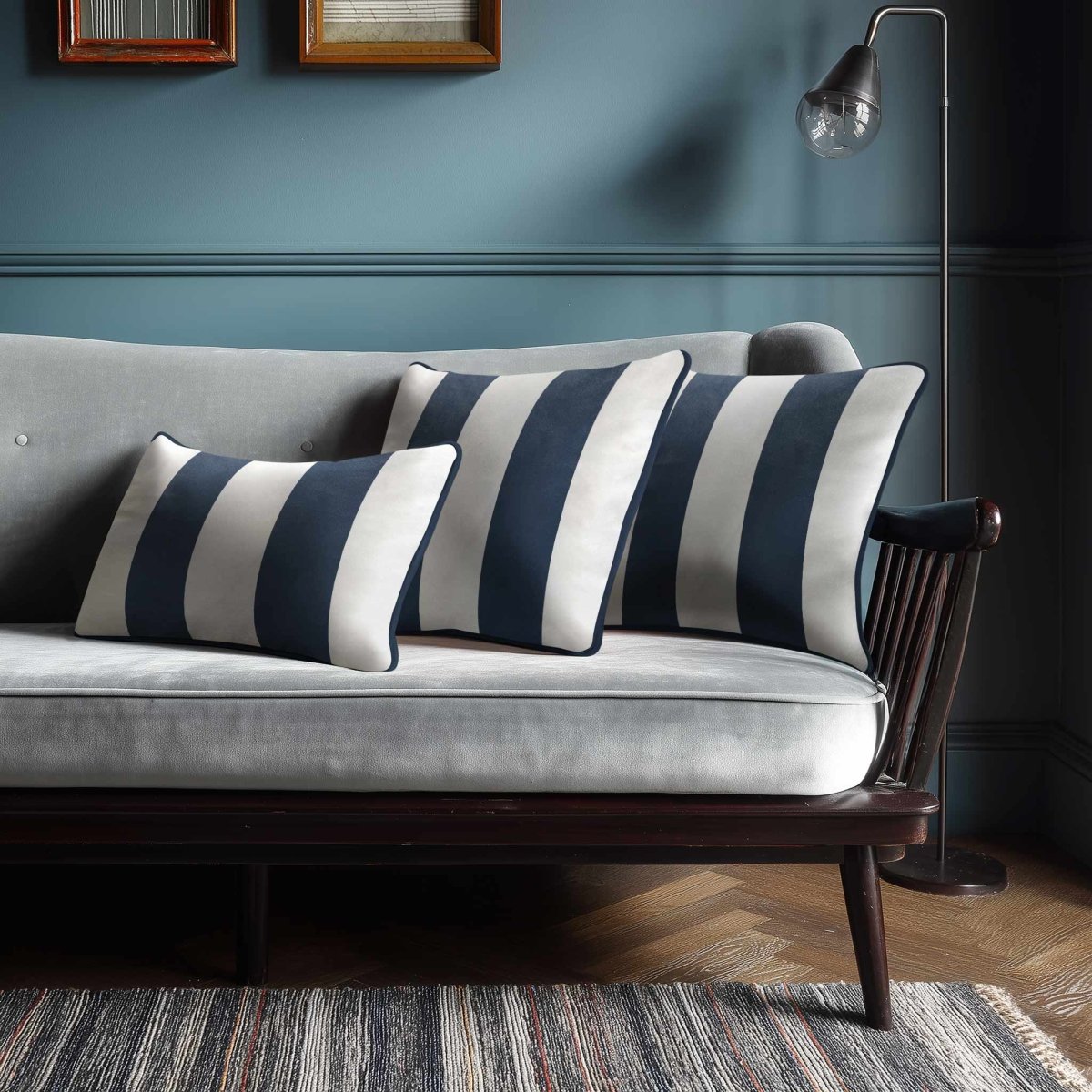 2 Stripes with Piping | Sustainable Velvet Rectangle Cushion - Petrol Blue 50 x 30 cm by Izabela Peters
