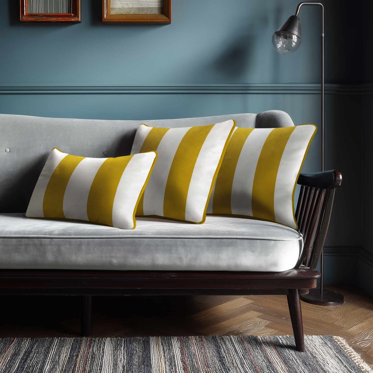 2 Stripes with Piping | Sustainable Velvet Rectangle Cushion - Mustard Ochre 50 x 30 cm by Izabela Peters