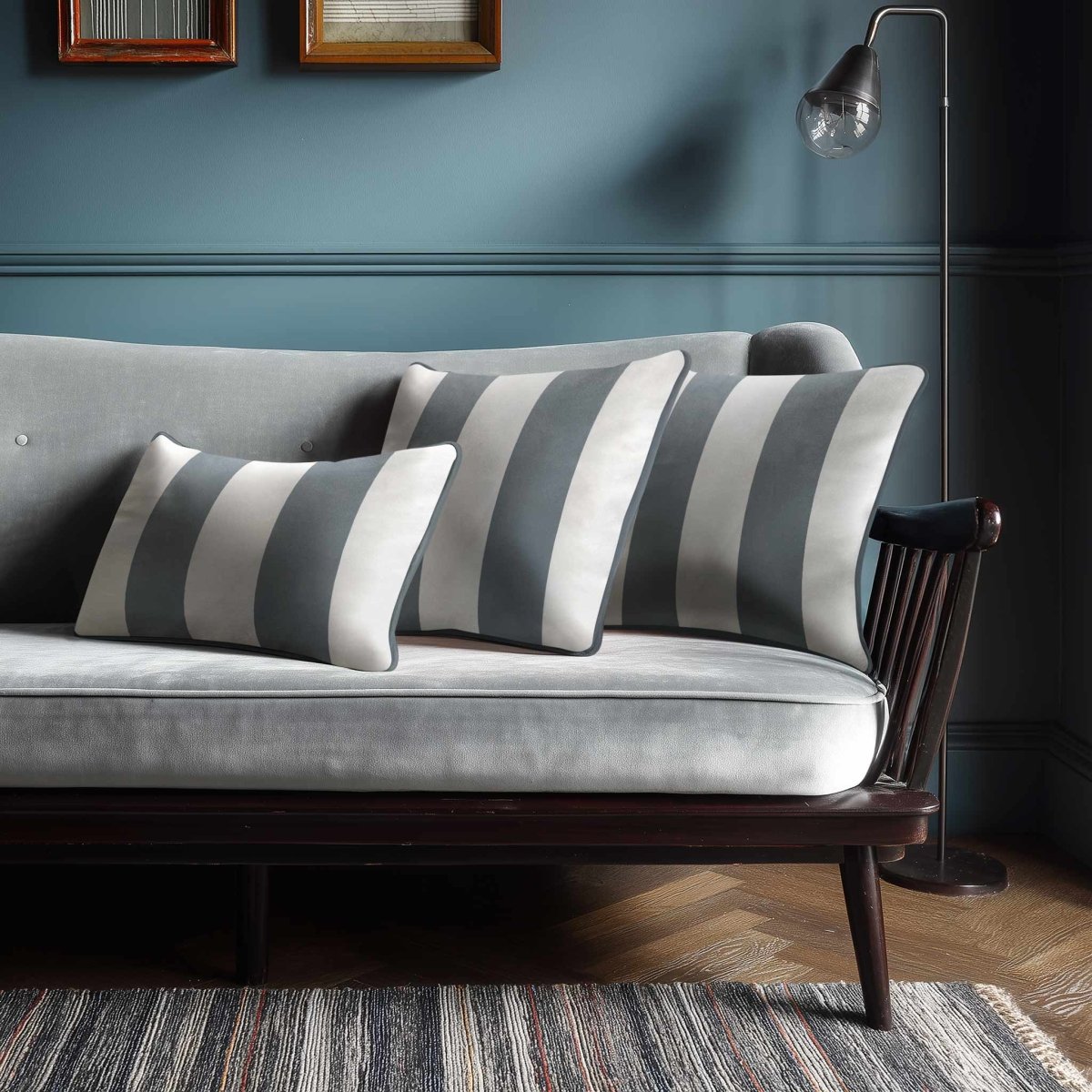 2 Stripes with Piping | Sustainable Velvet Rectangle Cushion - French Grey 50 x 30 cm by Izabela Peters