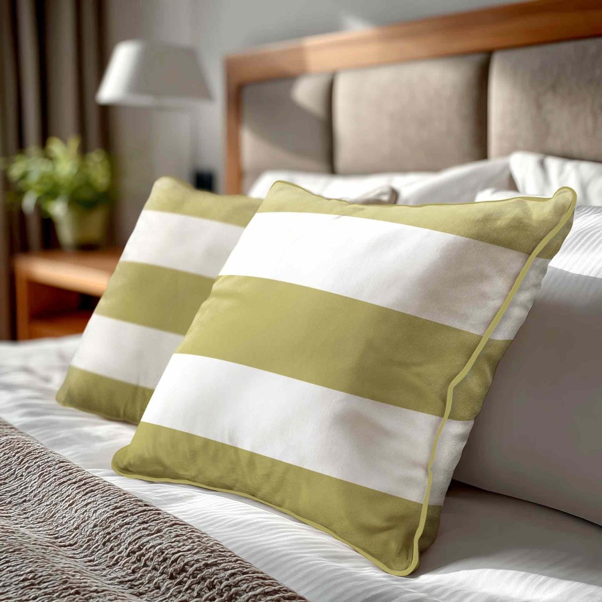 3 Stripes Horizontal | Sustainable Velvet Cushion with Piping - Golden Lime 40 x 40 cm by Izabela Peters