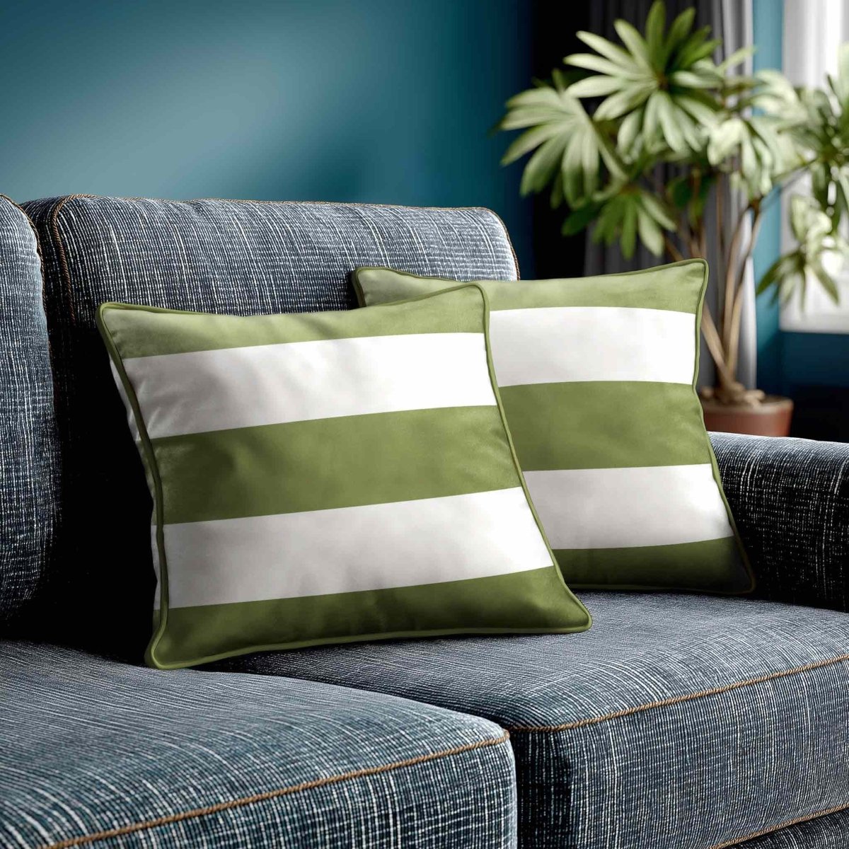 3 Stripes Horizontal | Sustainable Velvet Cushion with Piping - Sage 40 x 40 cm by Izabela Peters