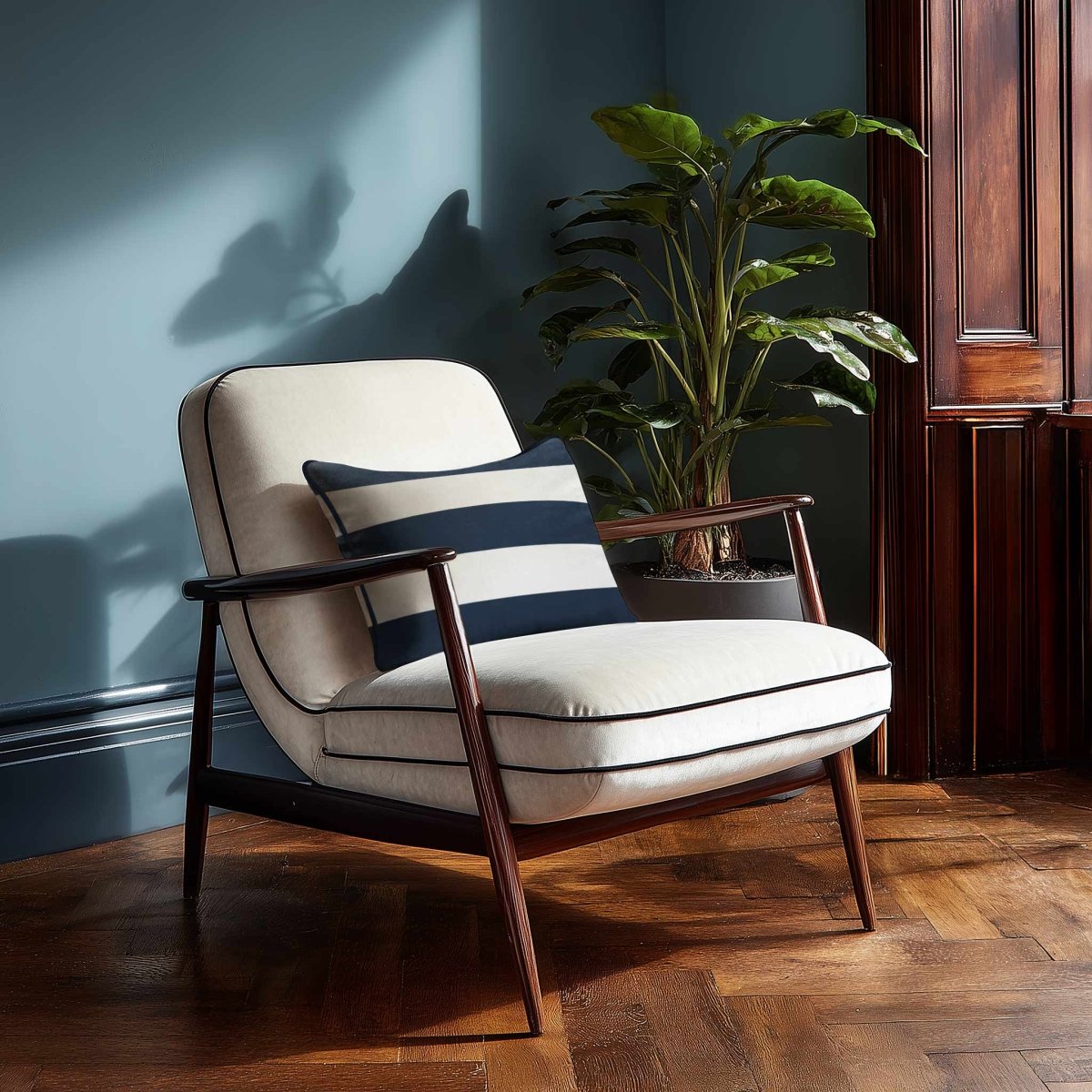 3 Stripes Horizontal with Piping | Sustainable Velvet Rectangle Cushion - Petrol Blue 50 x 30 cm by Izabela Peters