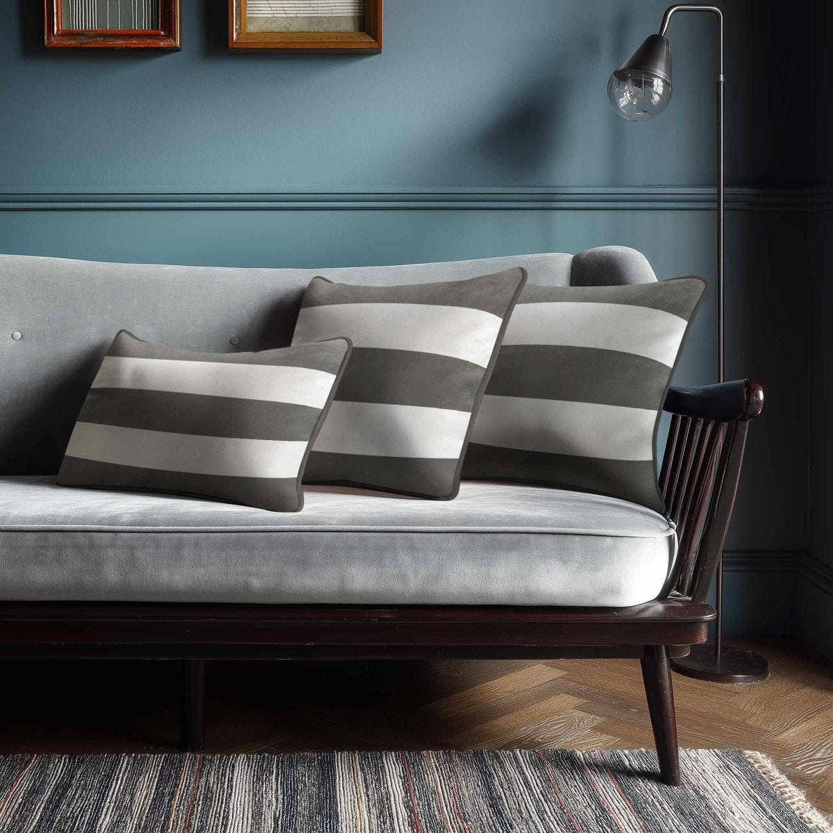 3 Stripes Horizontal with Piping | Sustainable Velvet Rectangle Cushion - Beluga 50 x 30 cm by Izabela Peters