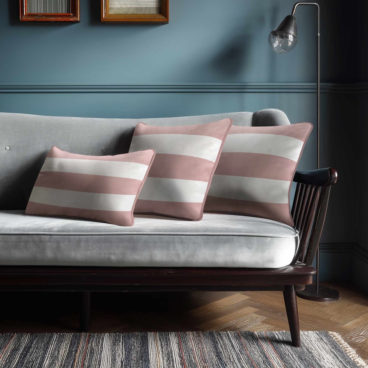 3 Stripes Horizontal with Piping | Sustainable Velvet Rectangle Cushion - Rosewater 50 x 30 cm by Izabela Peters