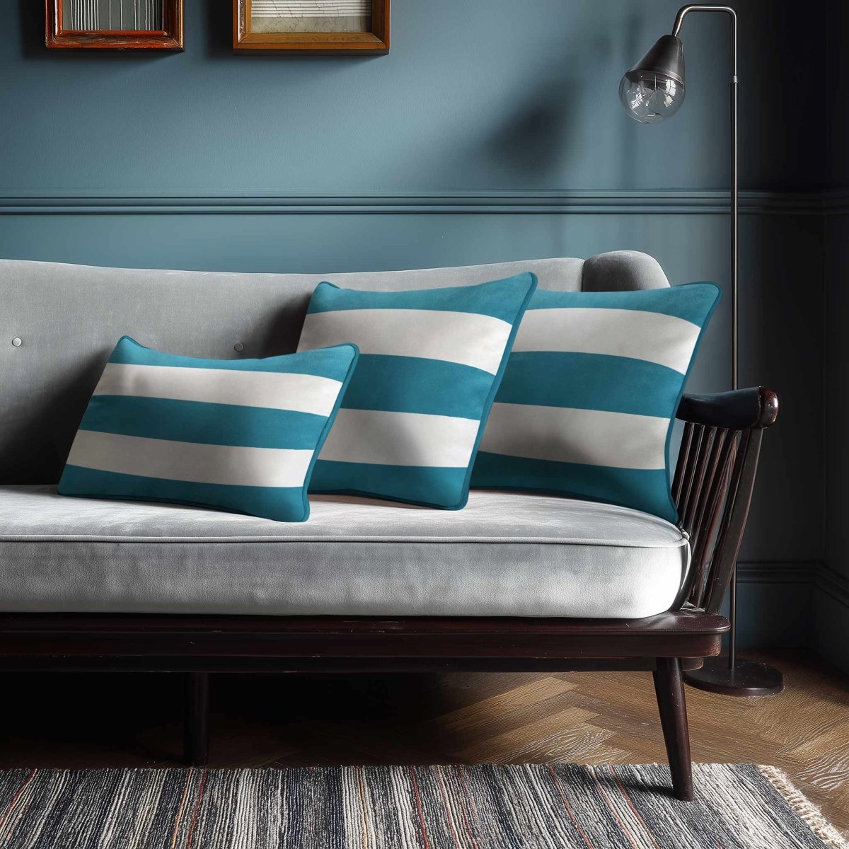 3 Stripes Horizontal with Piping | Sustainable Velvet Rectangle Cushion - Prussian Blue 50 x 30 cm by Izabela Peters