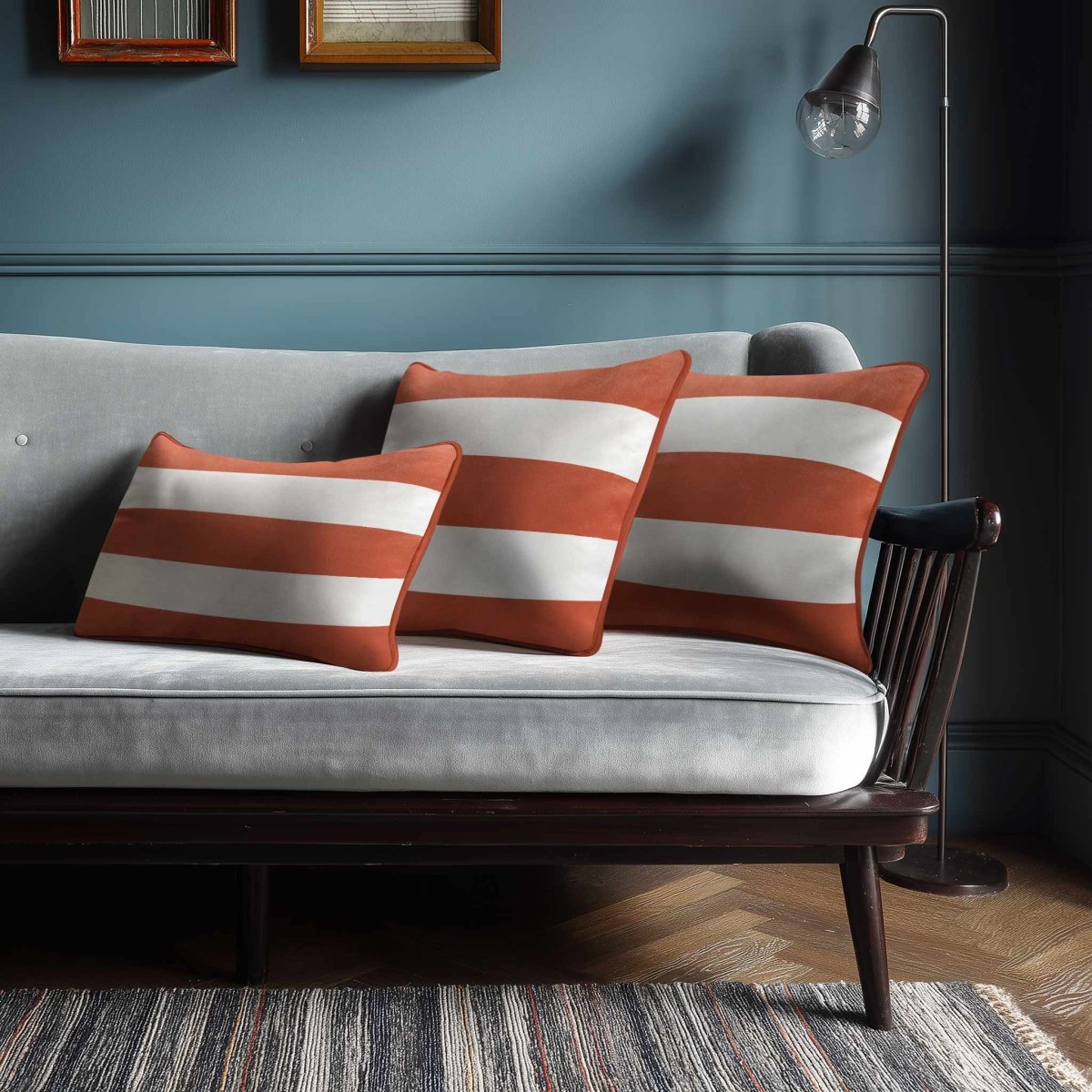 3 Stripes Horizontal with Piping | Sustainable Velvet Rectangle Cushion - Burnt Ochre 50 x 30 cm by Izabela Peters