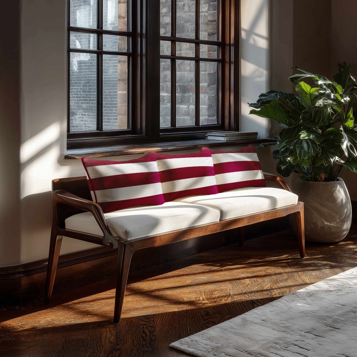 3 Stripes Horizontal with Piping | Sustainable Velvet Rectangle Cushion - Raspberry Red 50 x 30 cm by Izabela Peters
