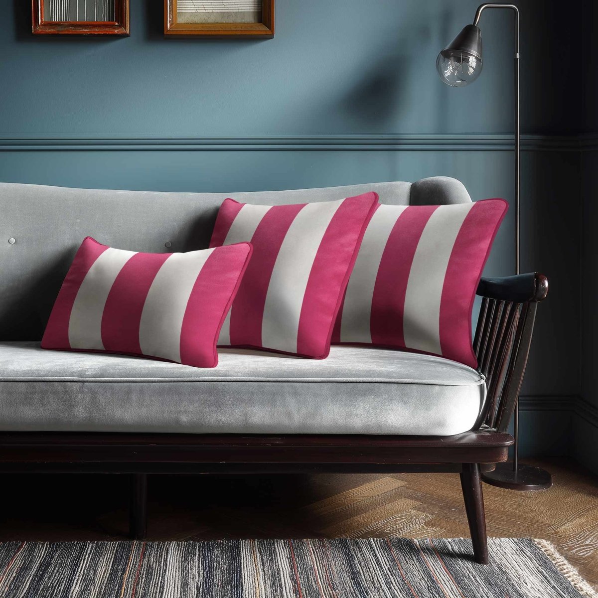 3 Stripes with Piping | Sustainable Velvet Rectangle Cushion - Hot Pink 50 x 30 cm by Izabela Peters