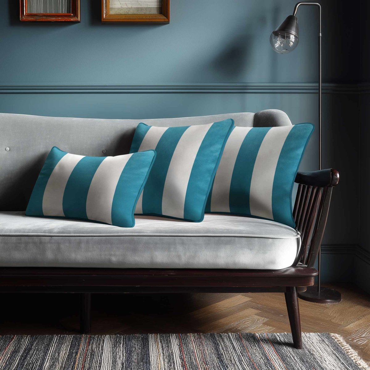 3 Stripes with Piping | Sustainable Velvet Rectangle Cushion - Prussian Blue 50 x 30 cm by Izabela Peters