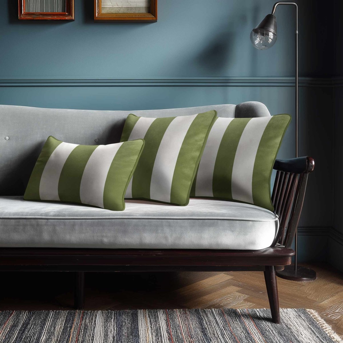 3 Stripes with Piping | Sustainable Velvet Rectangle Cushion - Sage 50 x 30 cm by Izabela Peters
