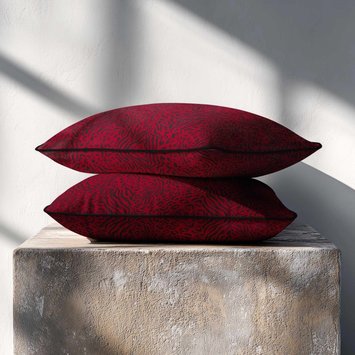 Animal Fusion Print | Sustainable Velvet Rectangle Cushion - Raspberry Red 50 x 30 cm Piped by Izabela Peters