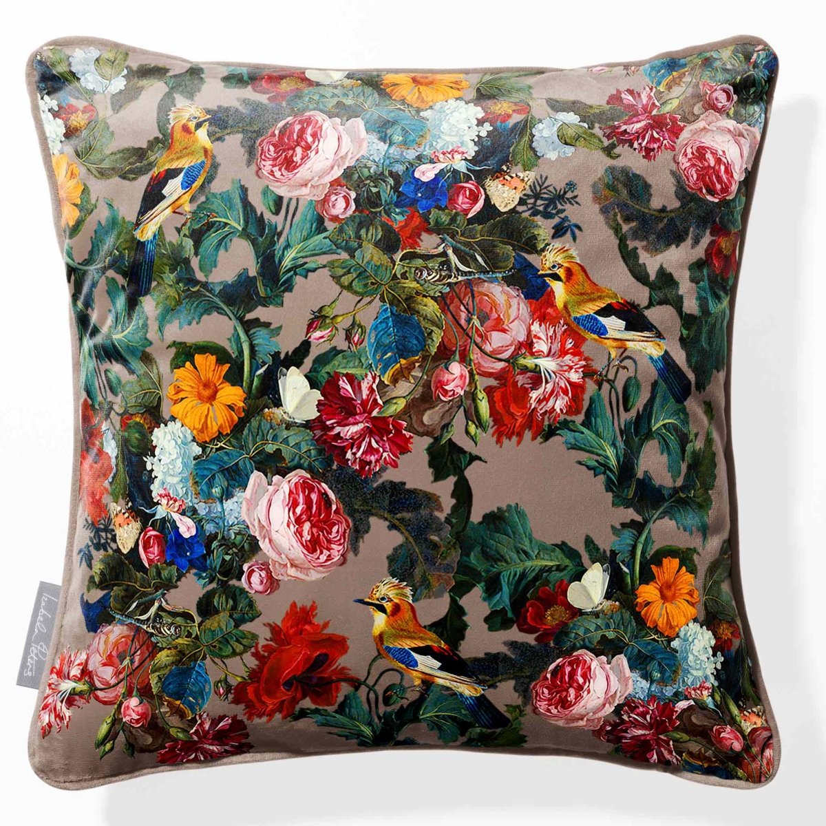 Birds in Paradise | Sustainable Velvet Cushion - Dovedale Stone 40 x 40 cm Piped by Izabela Peters