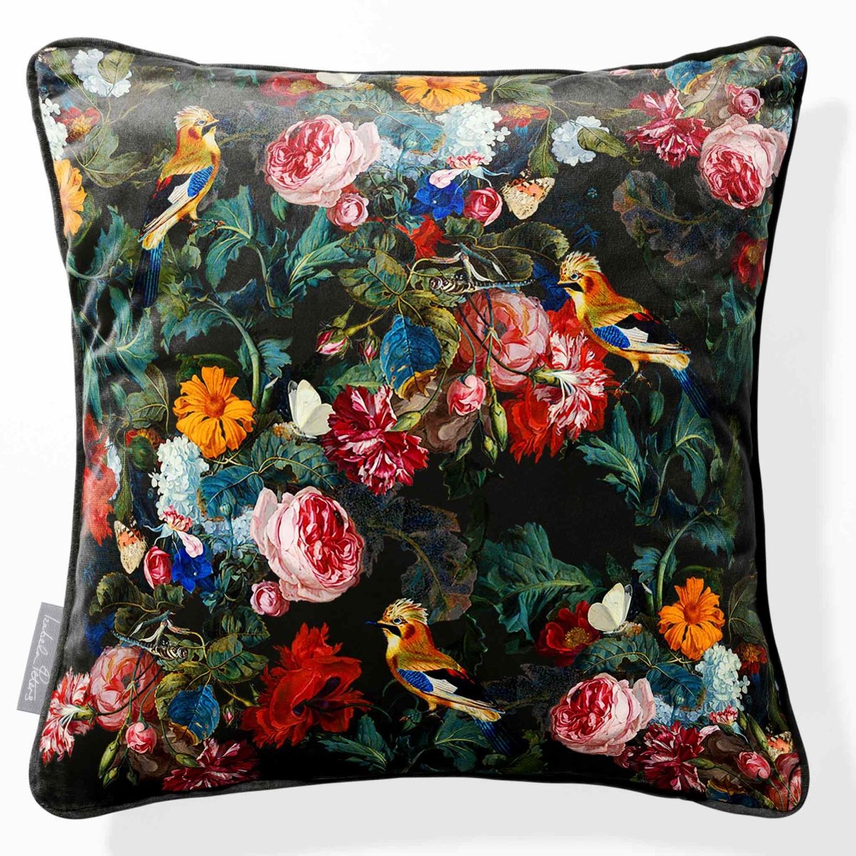 Birds in Paradise | Sustainable Velvet Cushion - Charcoal 40 x 40 cm Piped by Izabela Peters
