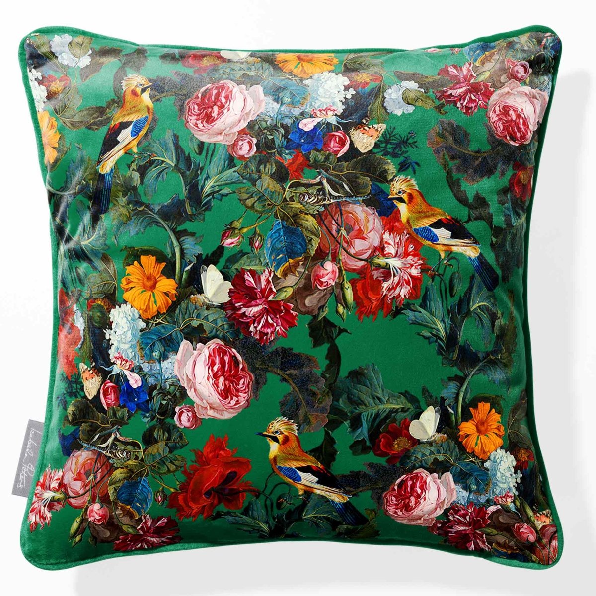 Birds in Paradise | Sustainable Velvet Cushion - Emerald Green 40 x 40 cm Piped by Izabela Peters