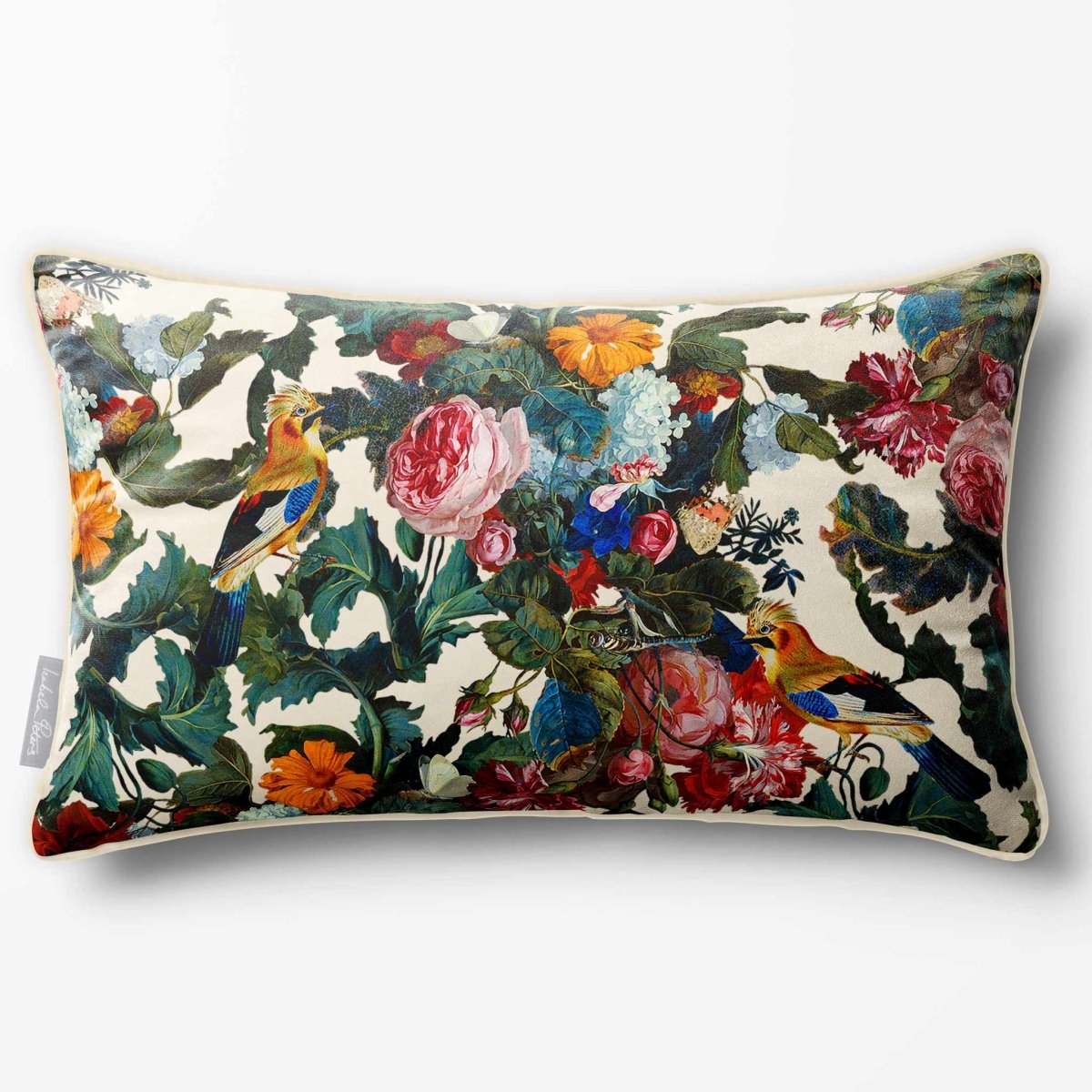 Birds In Paradise | Sustainable Velvet Rectangle Cushion - Ivory Cream 50 x 30 cm Piped by Izabela Peters