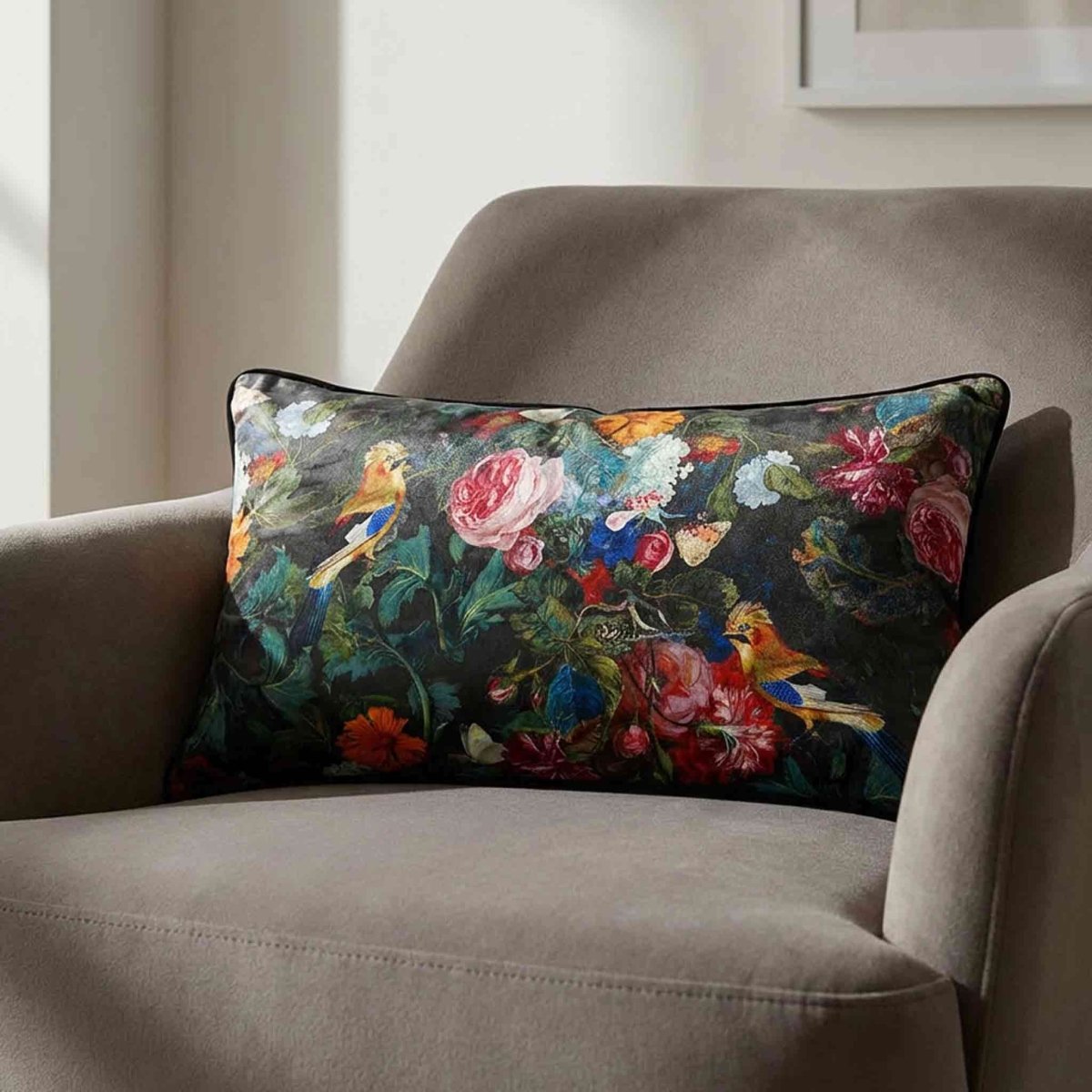 Birds In Paradise | Sustainable Velvet Rectangle Cushion - Charcoal 50 x 30 cm Standard by Izabela Peters
