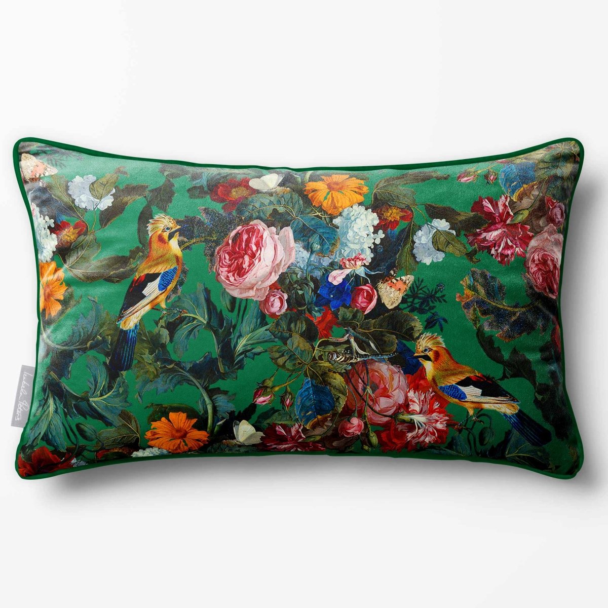 Birds In Paradise | Sustainable Velvet Rectangle Cushion - Emerald Green 50 x 30 cm Piped by Izabela Peters