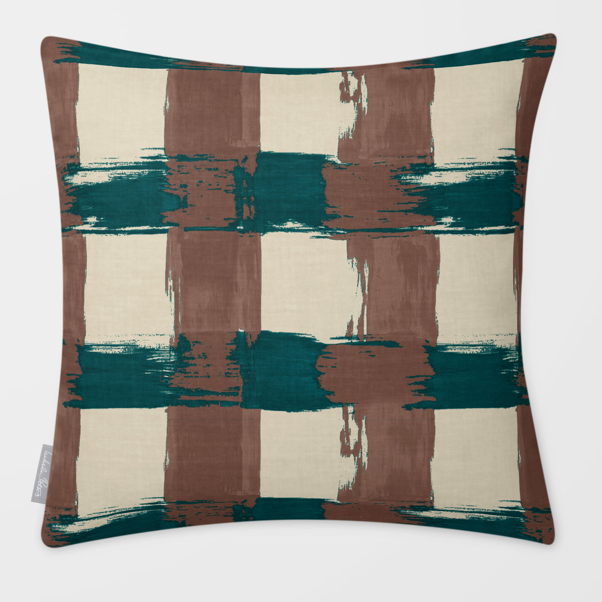 Broad Check Cocoa & Teal linen-look square cushion, plain sewn edge, front view.