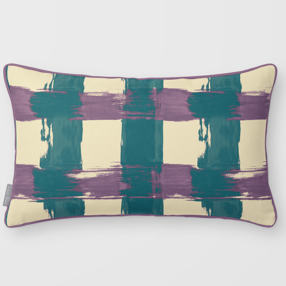 Broad Check Ink Blue & Lilac linen-look 50 × 30 cm rectangular cushion, piped, front view.