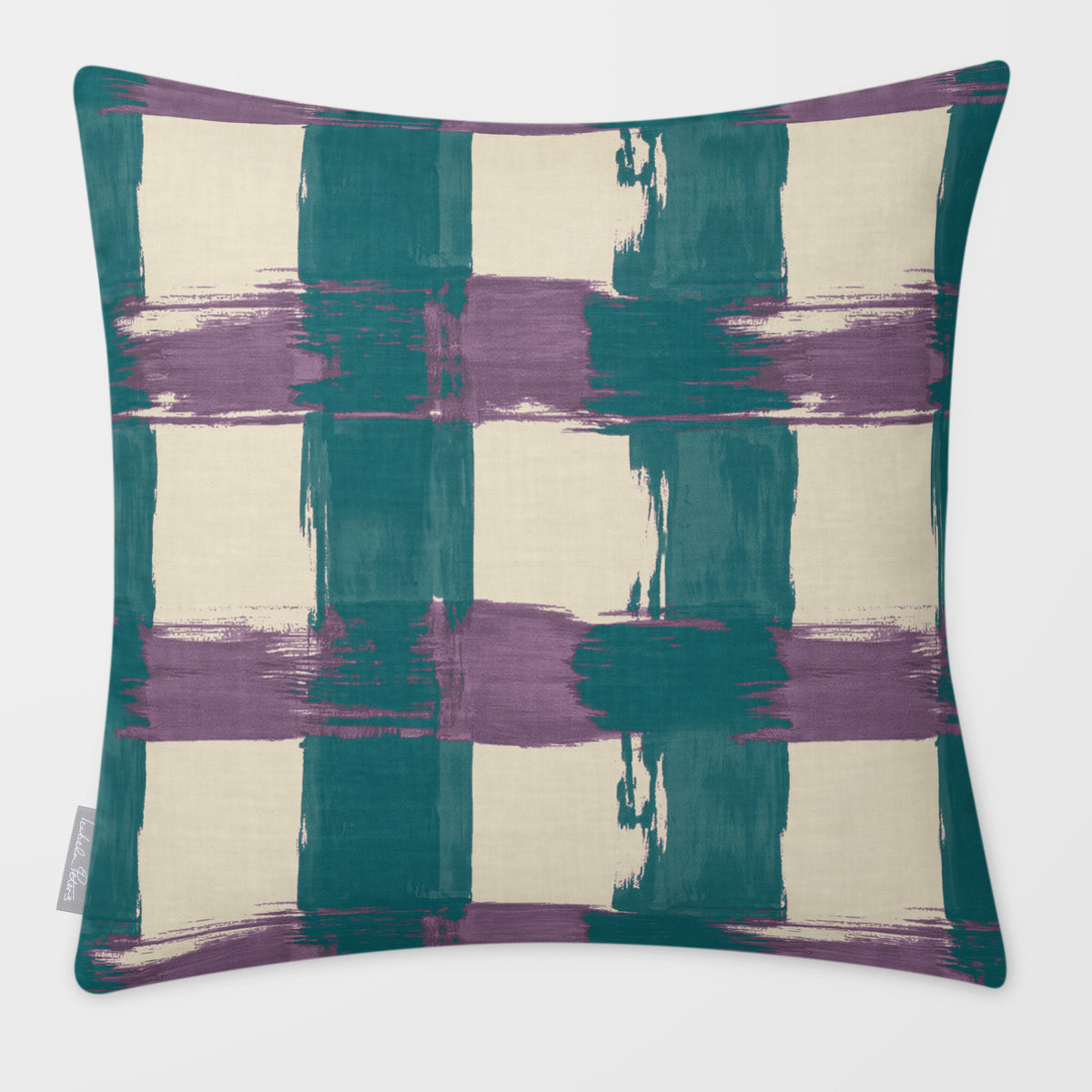 Broad Check Ink Blue & Lilac linen-look square cushion, plain sewn edge, front view.
