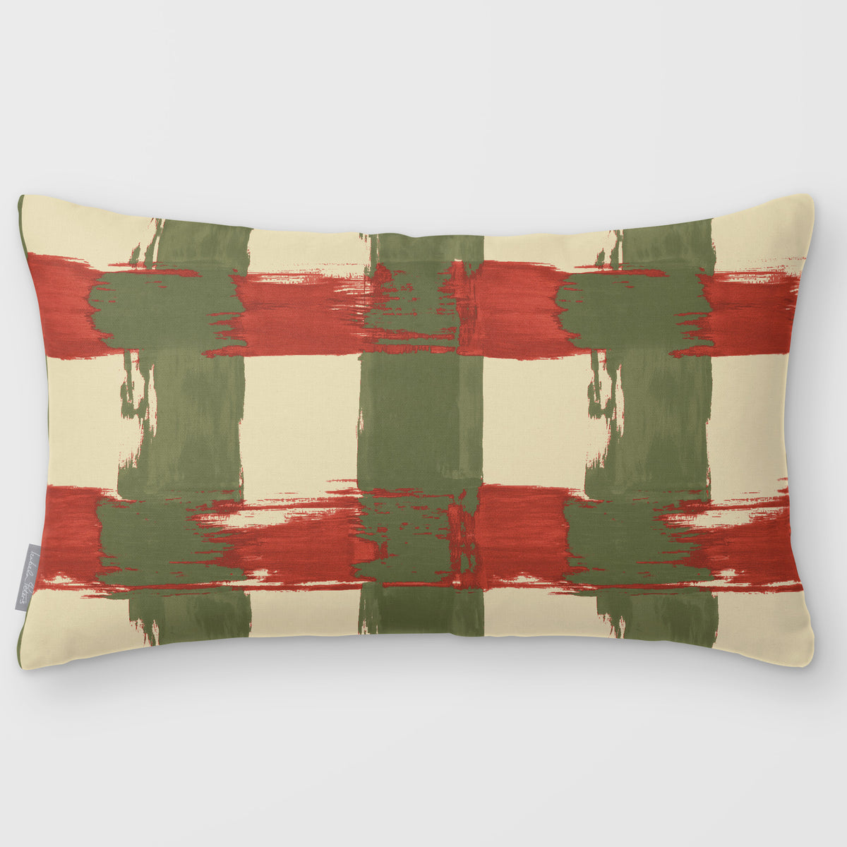 Broad Check Olive & Tomato linen-look 50 × 30 cm rectangular cushion, plain sewn edge, front view.