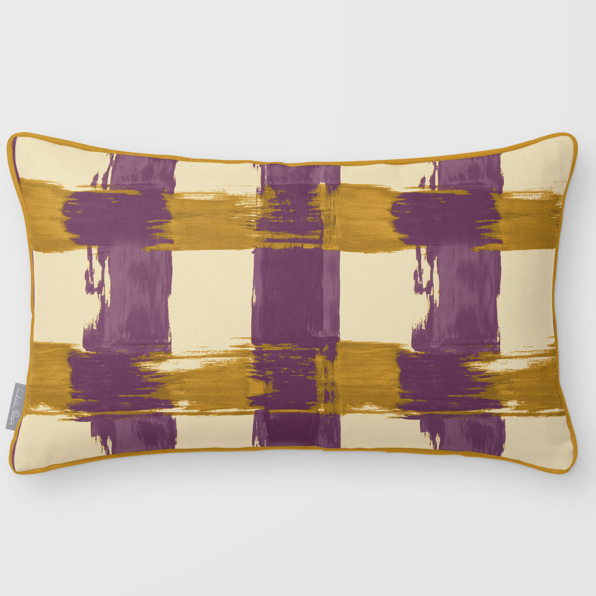 Broad Check Plum & Saffron linen-look 50 × 30 cm rectangular cushion, piped, front view.