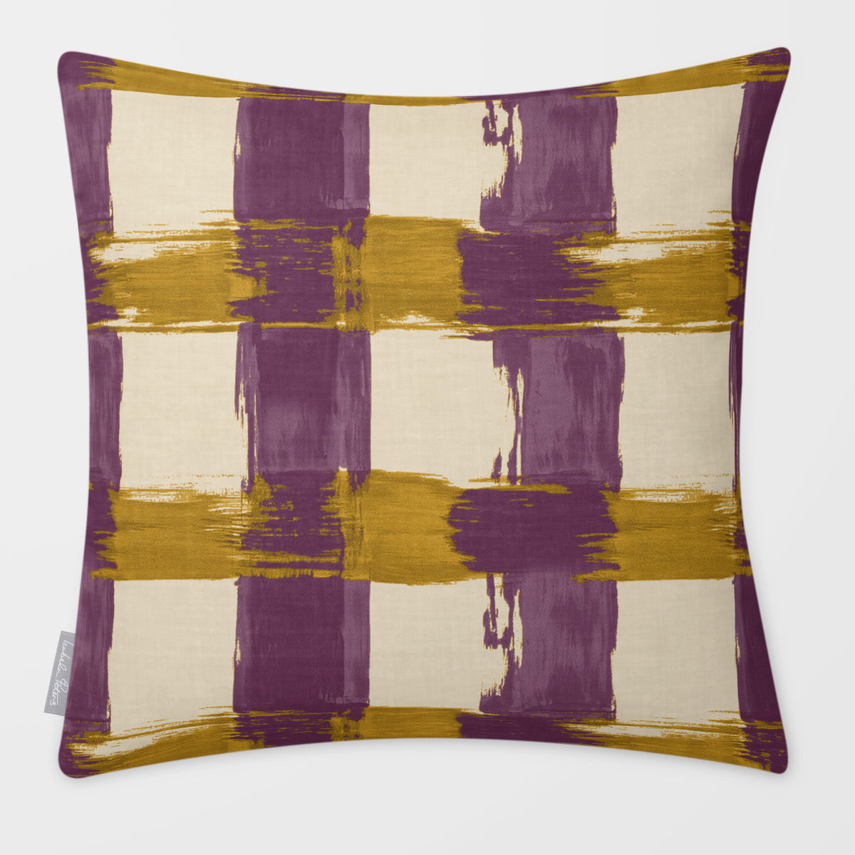 Broad Check Plum & Saffron linen-look square cushion, plain sewn edge, front view.