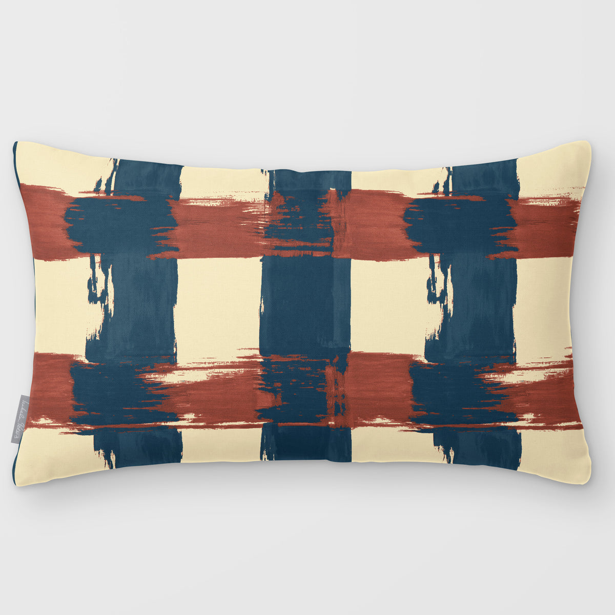 Broad Check Teal & Persimmon linen-look 50 × 30 cm rectangular cushion, plain sewn edge, front view.